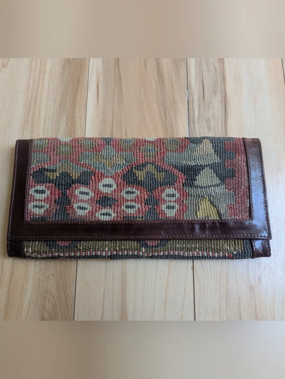 Turkish Wool Kilim Brown Leather Wallet Clutch Bag